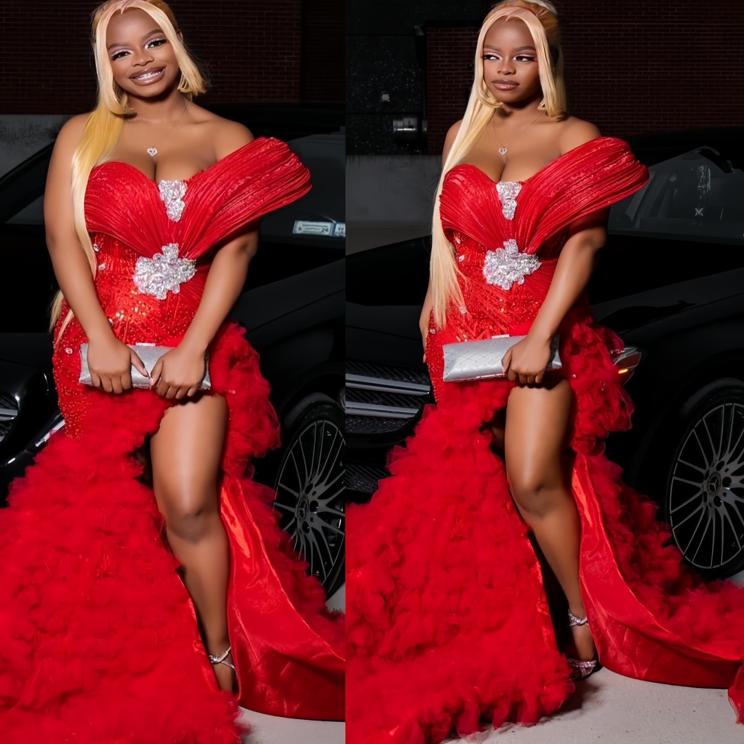 Aso Ebi Red Mermaid Prom Dresses 2026 Sweetheart Tiers High Split Evening Formal Party Second Birthday Engagement Gowns Plus Size Dress For Special Oc