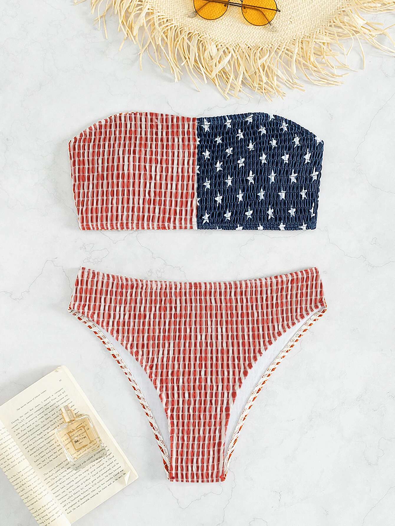 Dongdumaoyi Sexy Strapless Women Piece Swimsuit American Flag Style Print Bikini Set High Wait Beach Vacation Backless Bathing Suit