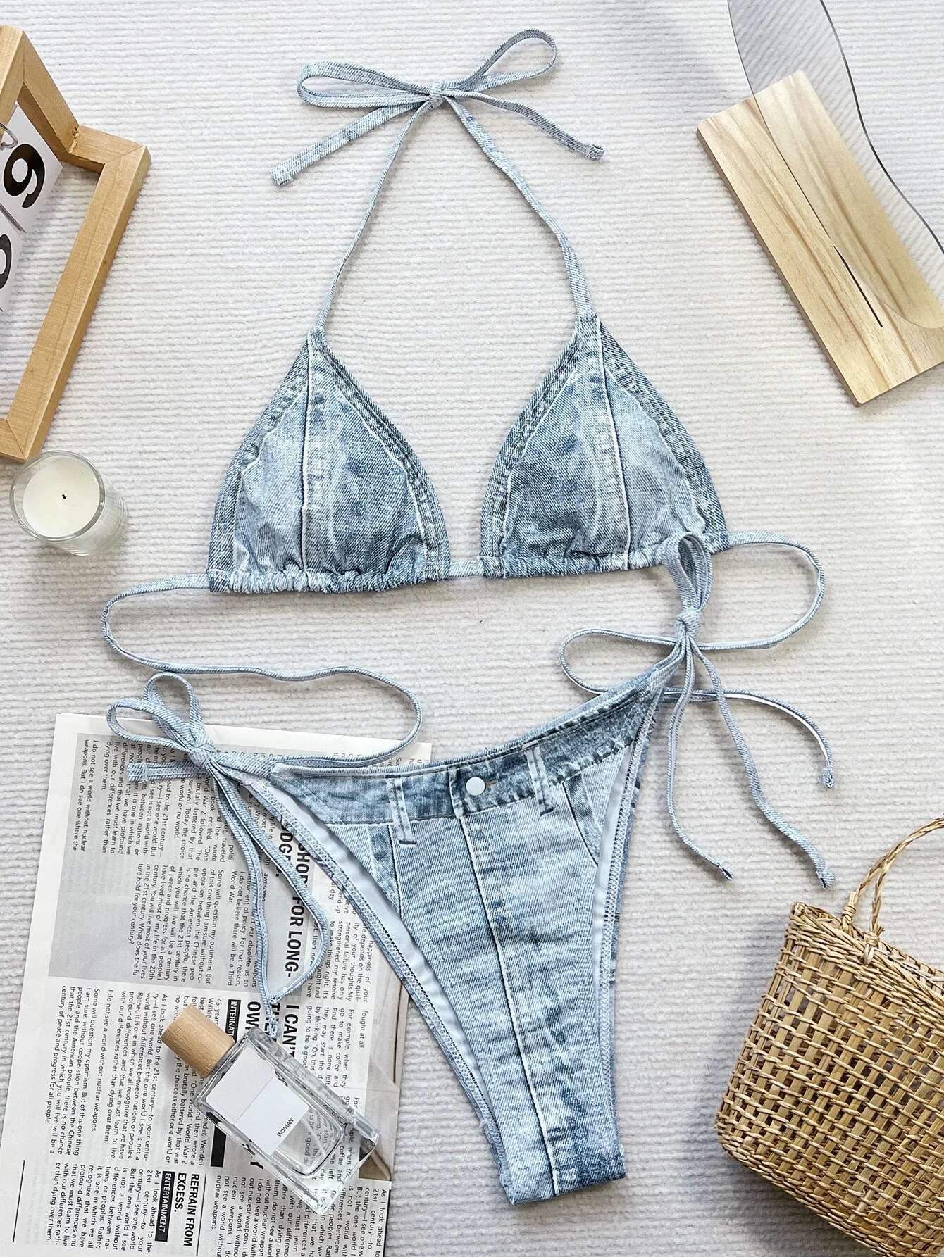 Dongdumaoyi Sexy Denim Bikini Sets Women Halter Push Up Bra Tie Side Thong Swimsuit Brazilian Cut Out Beach Bathing Suit Micro Swimwear