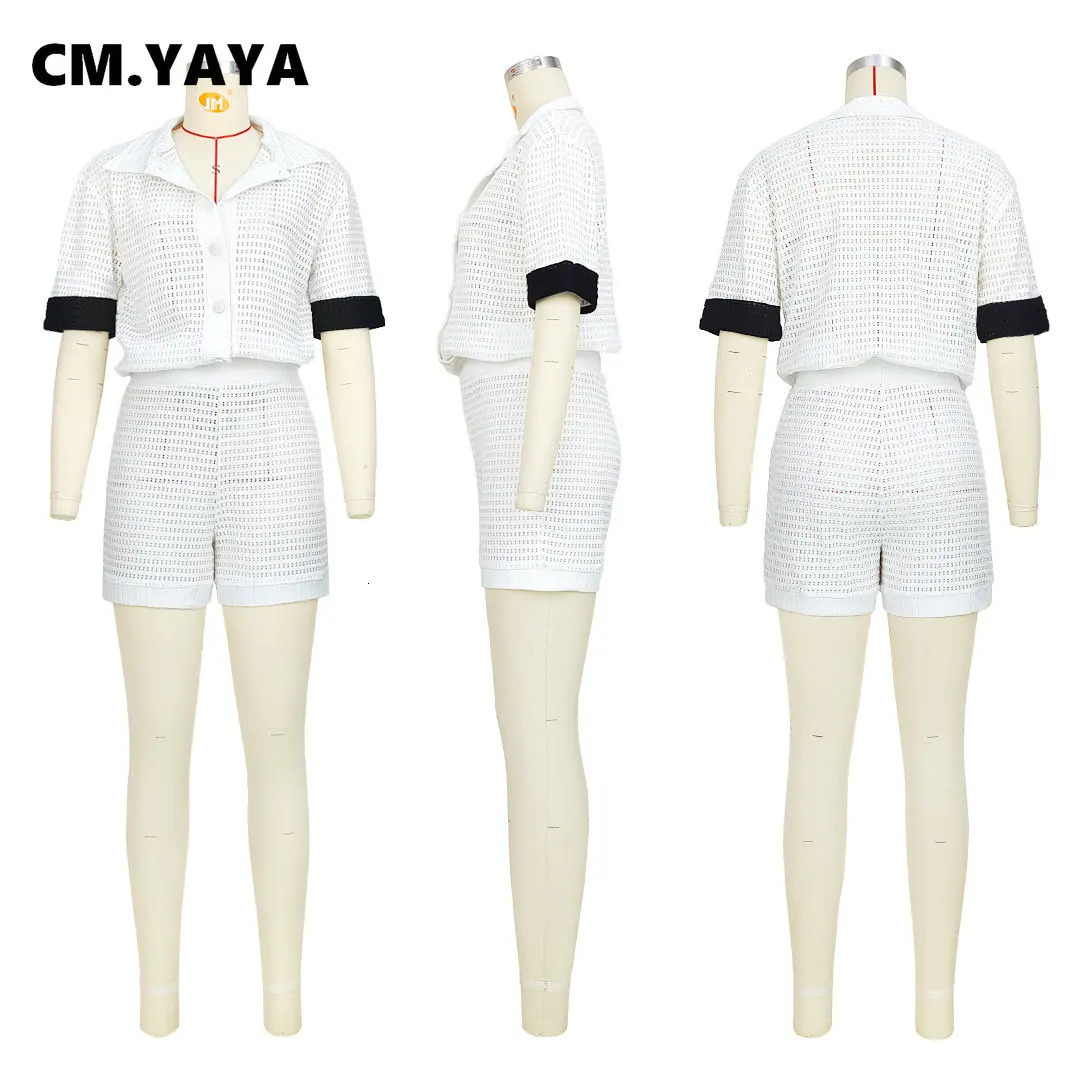 CM.YAYA Fashion Hollow Out Womens Set Half Sleeve Shirt and Shorts Summer Chic Street Two 2 Piece Set Outfits Tracksuit 250407