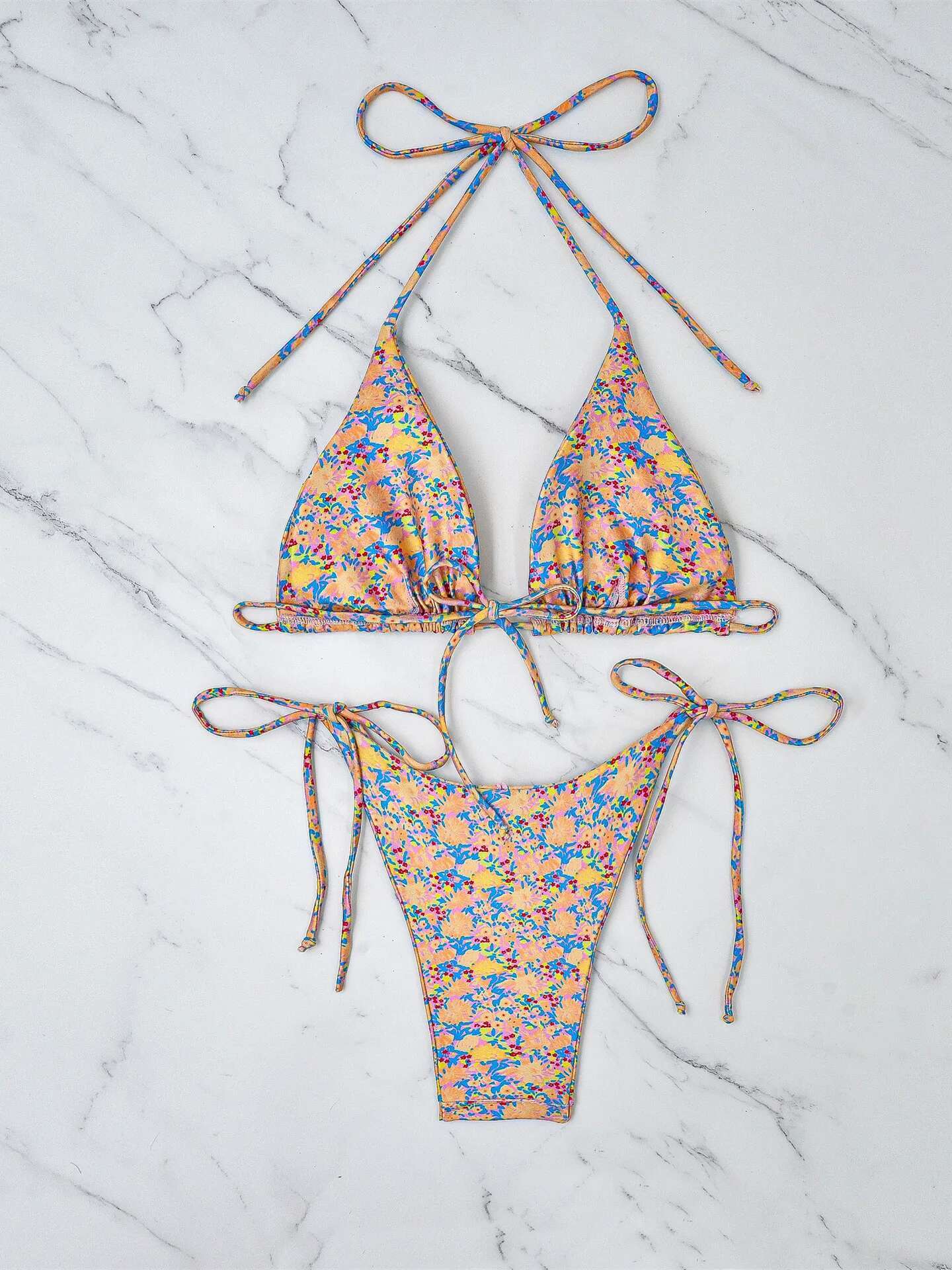 Dongdumaoyi Sexy Pink Floral Print Bikini Women Halter Push Up Tie Side Thong Swimsuit Brazilian Cut Out Bathing Suit Micro Swimwear