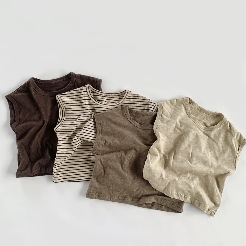 Summer Children Slub Cotton T Shirts Korean Fashion Toddler Kids Sleeveless Striped T-Shirts Baby Boys Casual Tank Tops 4 5 6 7Y 250407