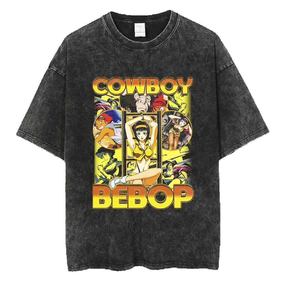 Anime hot denim Bebop pattern printed for men and women classic street Haruku men's top washed cotton cartoon T-shirt