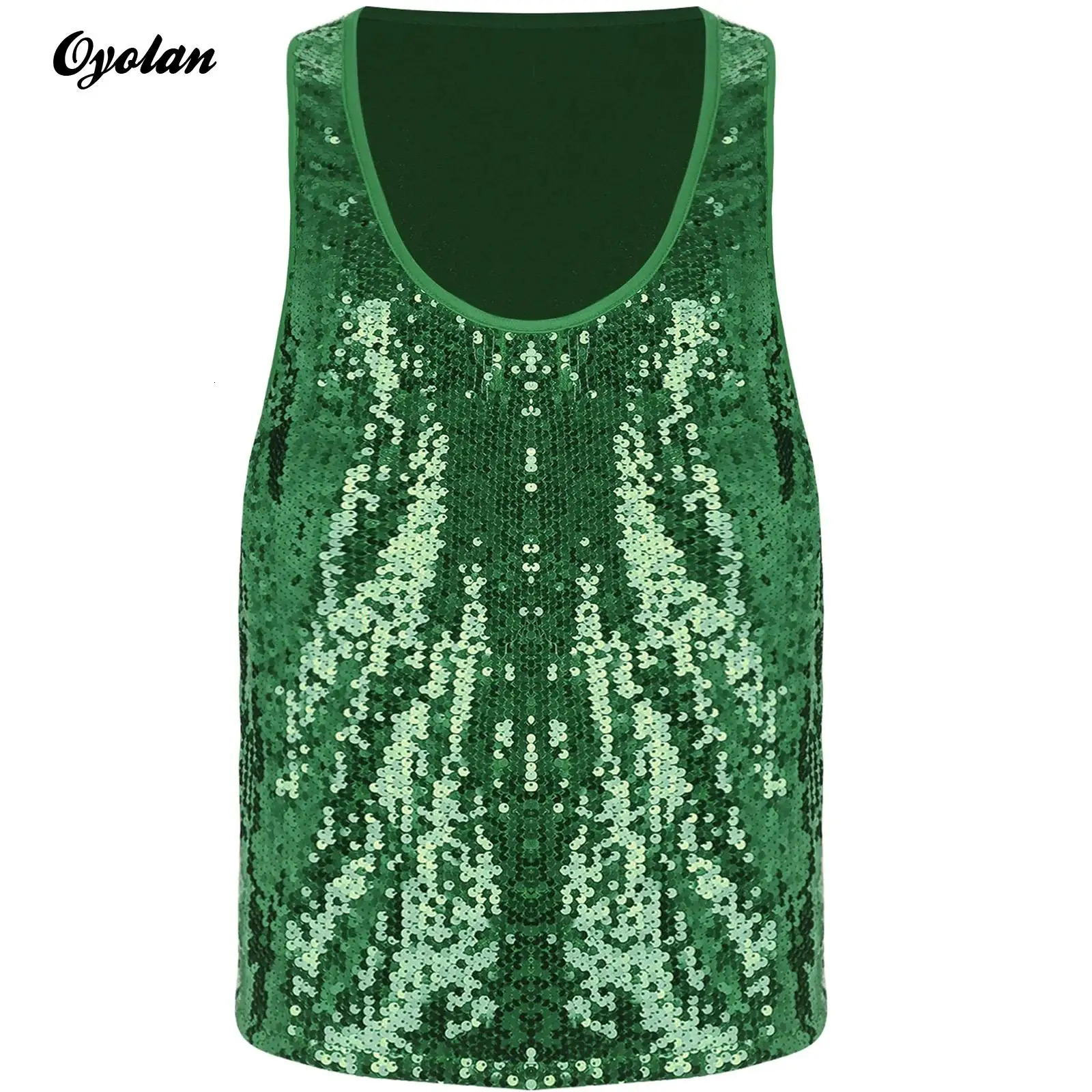 Mens Glitter Sequin Disco Club Vest Tank Top Low Crew Neck Smooth Lining Waistcoat Shiny Bodybuilding Top Dancing Party Costume 250407