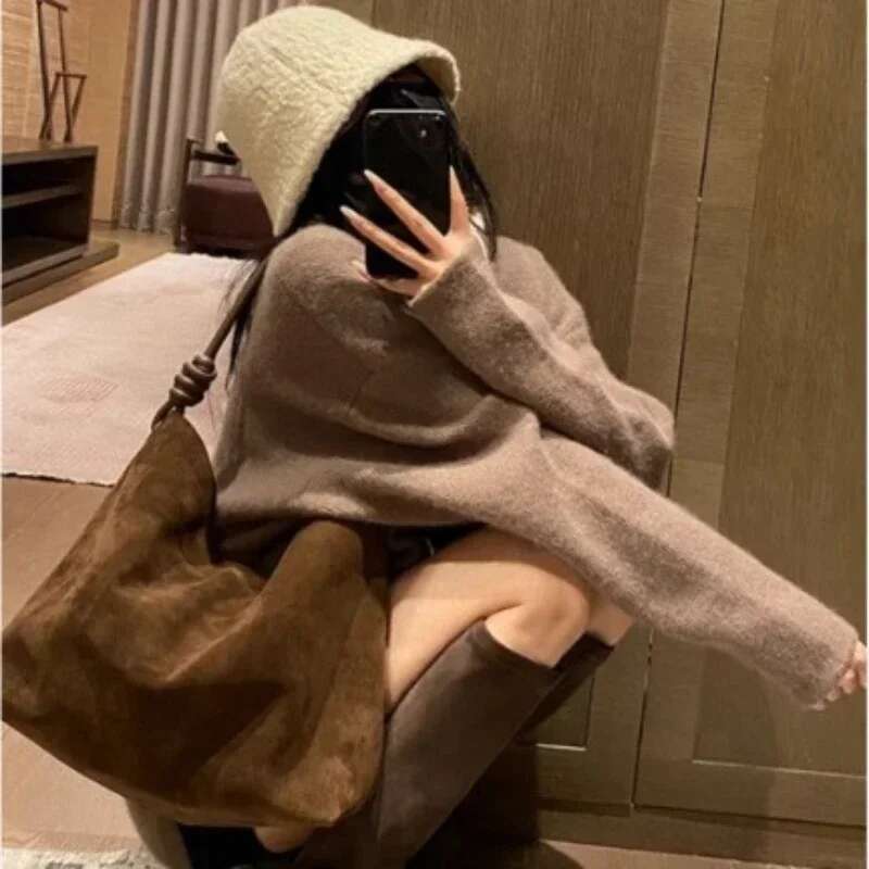 2025 All-Match Chamois Matte Suede Cowhide Leather Tote Large Capacity Designer Maillard Dressing Coffee Winter Ladies Handbag