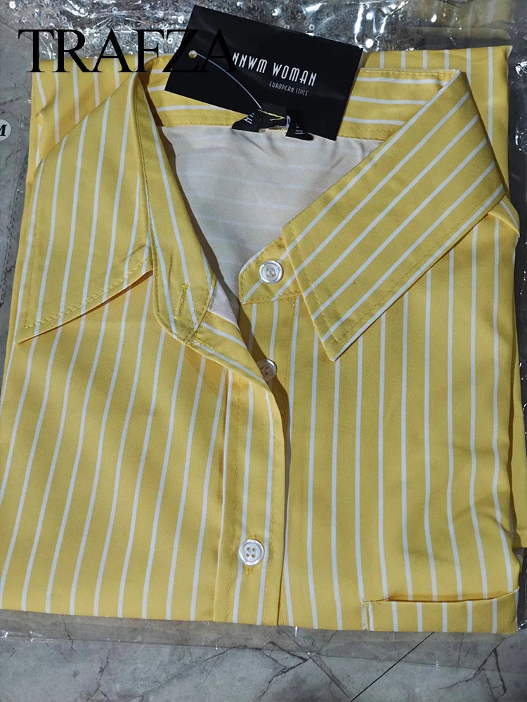TRAFZA Women Casual Pants Set Yellow Striped High Waist Loose Pant Large Shirt Elegant Style Holiday Street Trends 250313