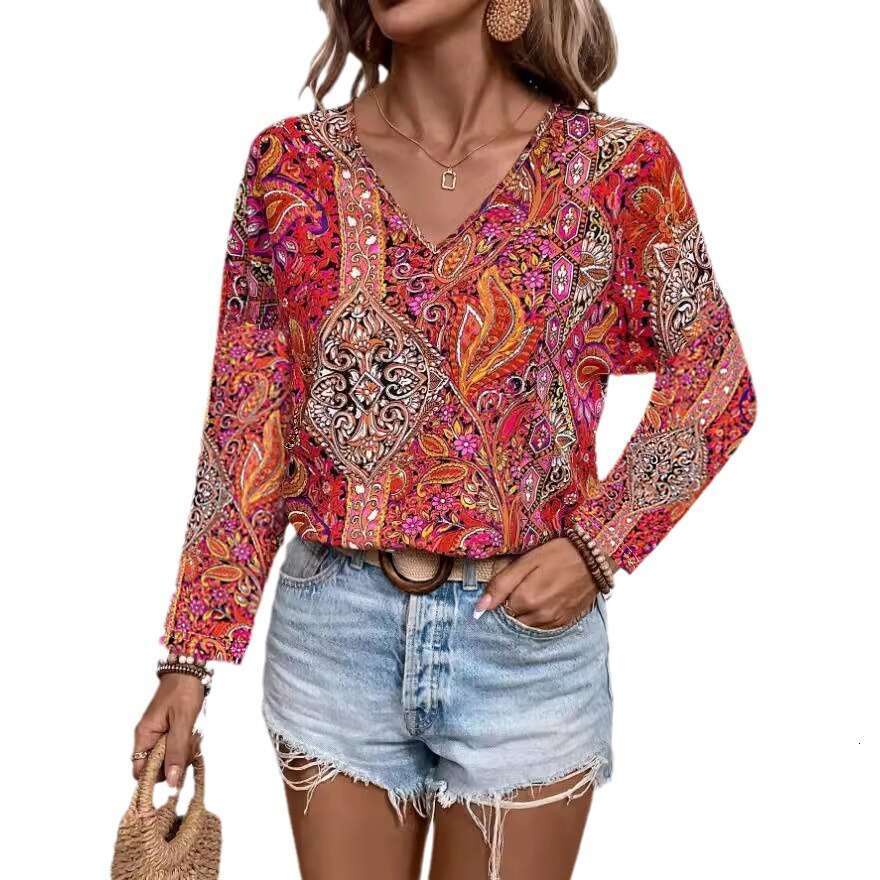 European American Hot selg Boho Paisley Printed V-neck Long sleeved Shirt Women's Wear 2025 New Style Stylish and Elegant Clothing