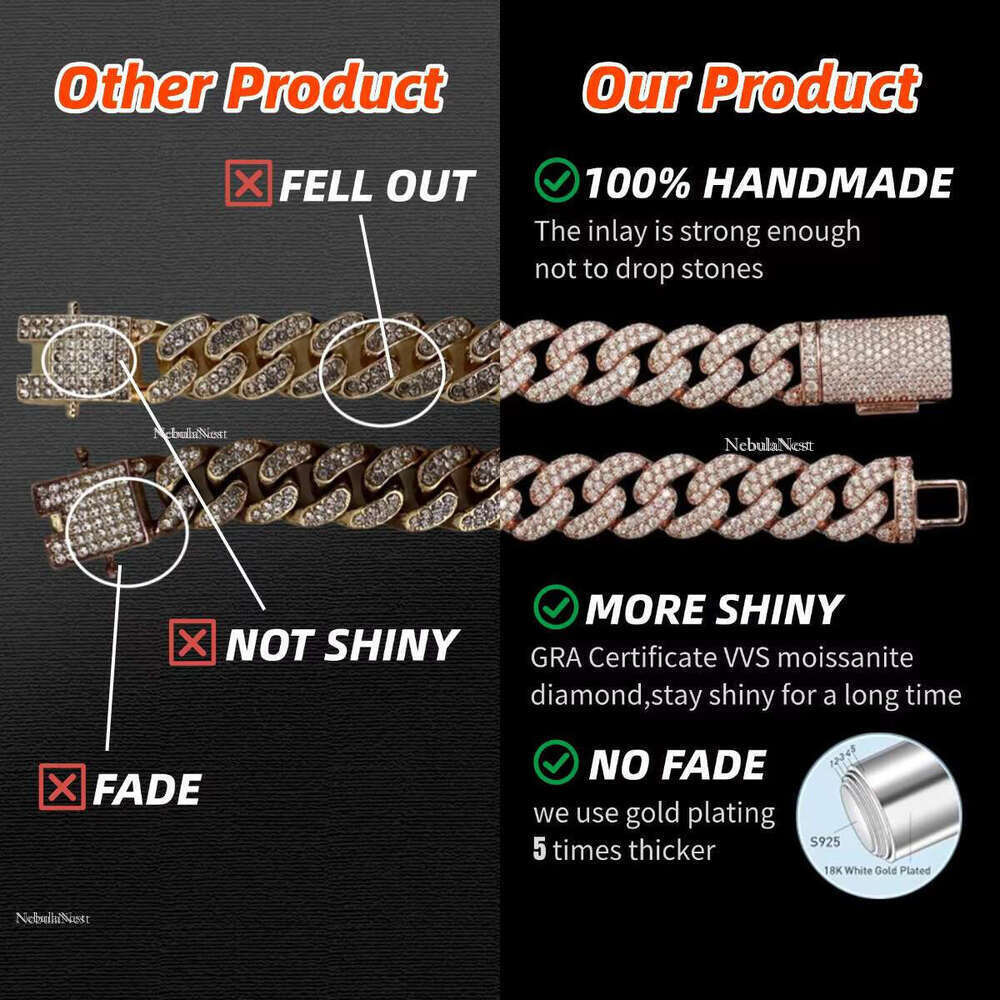 Rose Gold Sterg Sier Custom Cuban k Chain 20mm Vvs Moissanite Dia Ice Necklace Men Hip Hop Fine Chains Necklaces