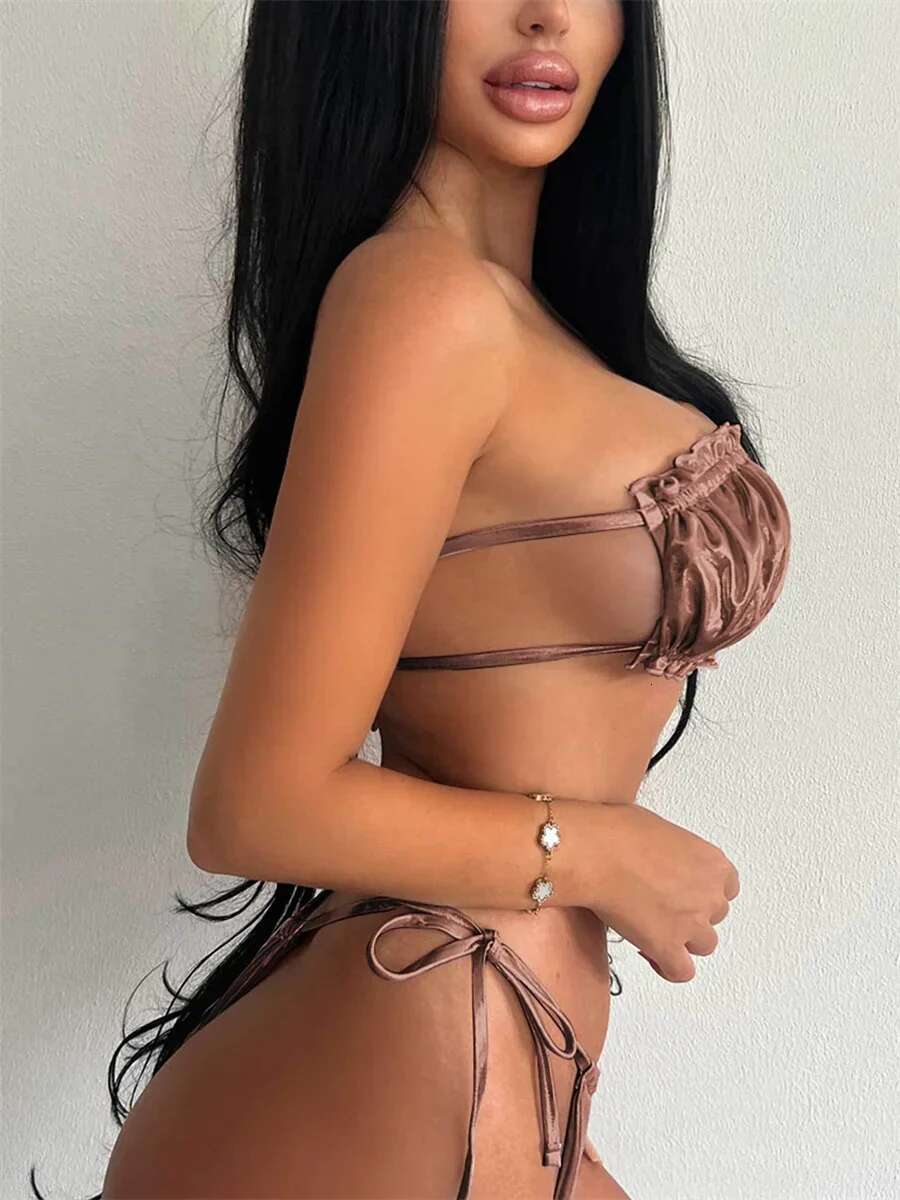 Dongdumaoyi Sexy Bandeau Bikini Women Silver Brozing Pleate Cut Out Push Up Micro Swimsuit Summer Bathing Suit Tie Side Thong Swimwear