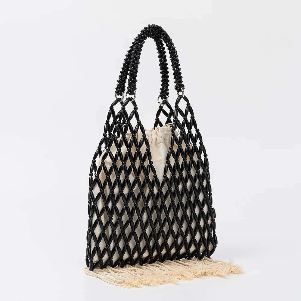 NEW Women Woven Tassels Design Hollow-Out Wooden Bead Tote Bucket Shoulder Bag Female Reticulate Netted Canvas Beach Handbag