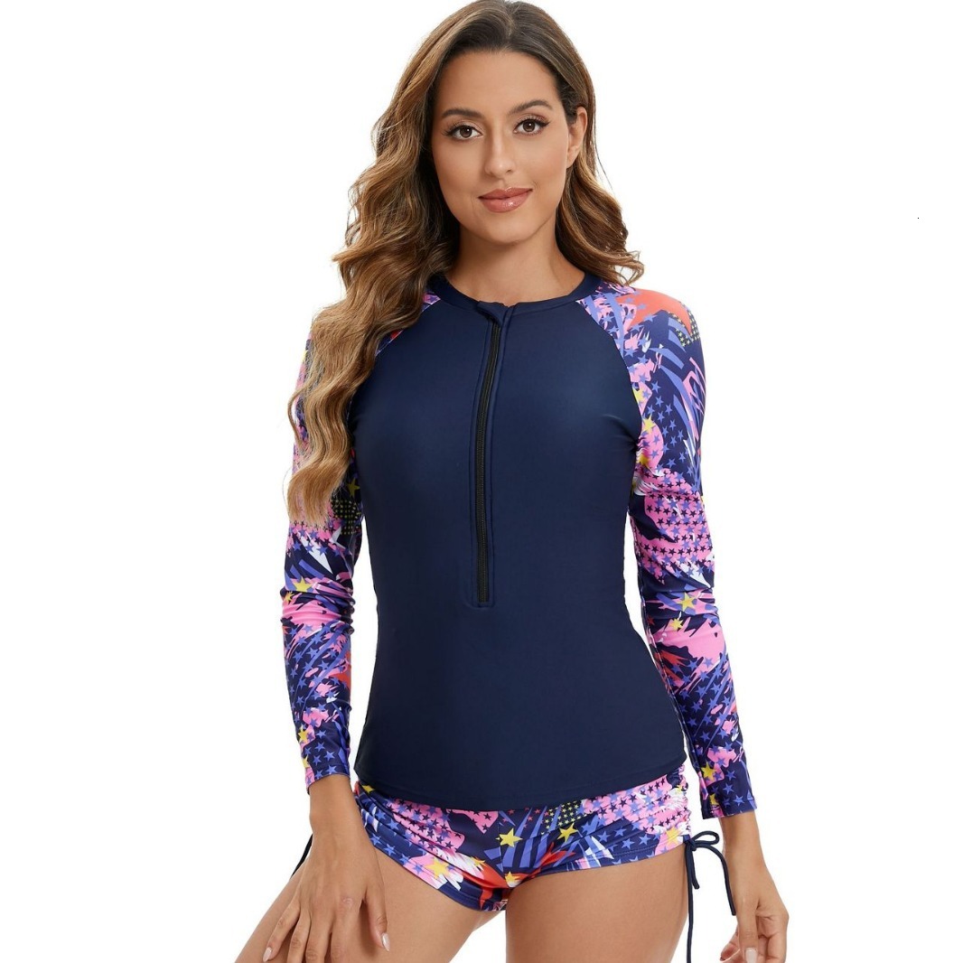 New Long Sleeve Zipper Split Drawstring Shorts Beach Ball Surfing Suit Set Sports Swimsuit