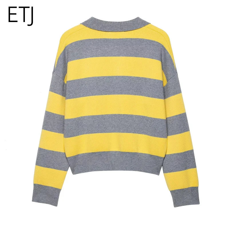 ETJ Autumn womens line street style fashion yellow wide stripe polo neck loose version of long-sleeved sweater 251105