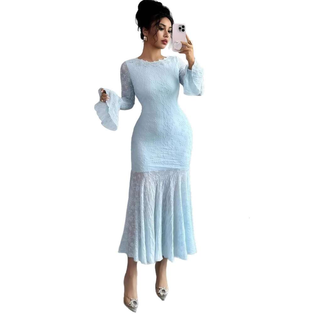2025 Early Autumn New Solid Color Flared Sleeve Round Neck Slim Fit Long Mermaid Dress for Women