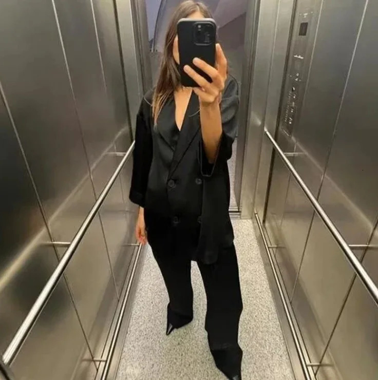 Spring and summer womens double chest sports shirt elastic waist wide leg pants twopiece set casual loose sleepwear 250407