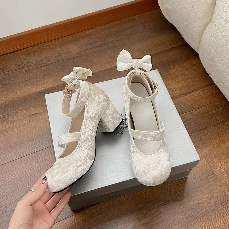 Bow Mary Jane Women Pumps Thick High Heels Female Lolita Square Toe Spring Fashion Party Leather Woman Shoes