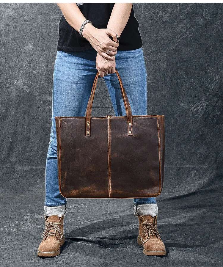 Vintage Crazy Horse Handbag For Women Big Capacity Cowhide Tote Soft Cow Leather Shoulder Bag Female Large Travel Bags