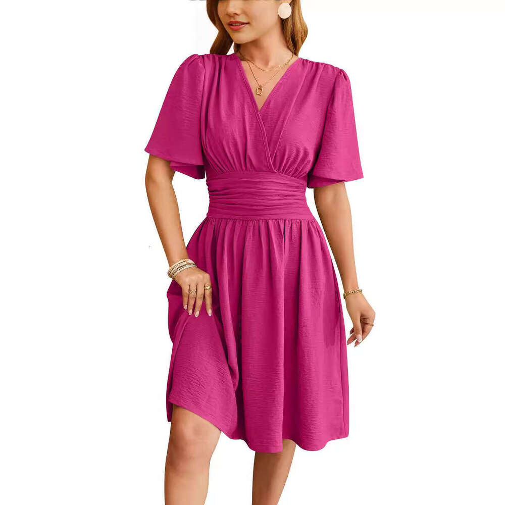 European American women's spring/summer V-neck cinched waist flared sleeve fashionable dress 2025 new style chic and elegant clothing
