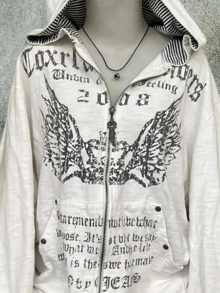 Y2k Emo womens retro streetwear letter printed hoodie punk zipper graphic oversized sportswear gothic Harajuku Alt clothing 250403