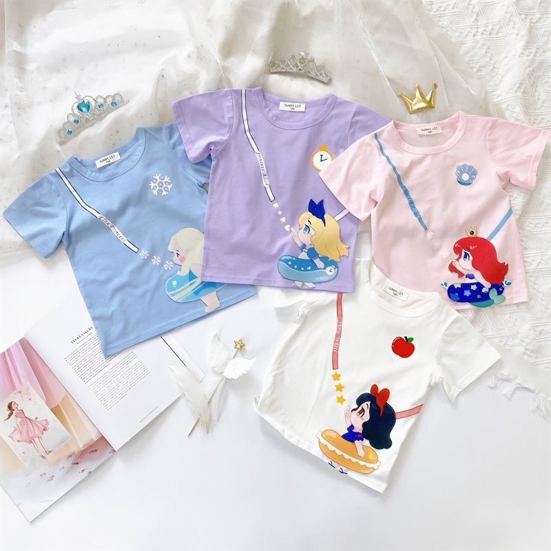 Ddmyshoesvip New Color Princess Cute Cartoon Print Casual Loose Breathable Short Sleeved Round Neck T Shirt For Girls Korean Version Summer