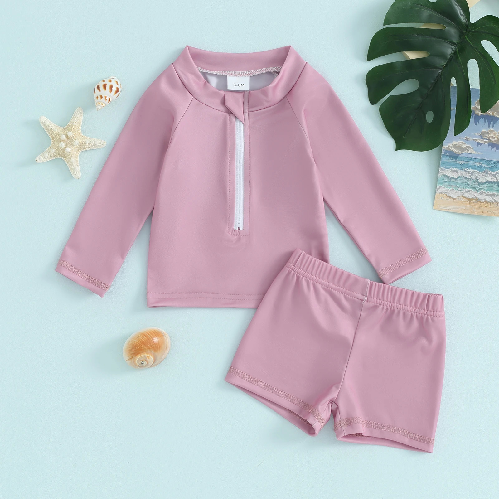 Long Sleeve Kids Boys Girls Swimwear Bikini Set Solid Color Front Zipper Toddler Swimsuit Swim Shorts Infant Beach Wear 250407