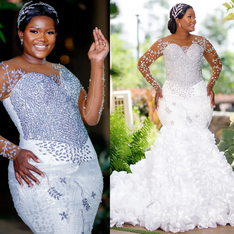 2025 Plus Size Mermaid Wedding Dress For Bride Bridal Gowns Detachable Train Long Sleeves Sheer Neck Beaded Lace Tiered Wedding Gowns For African Blac