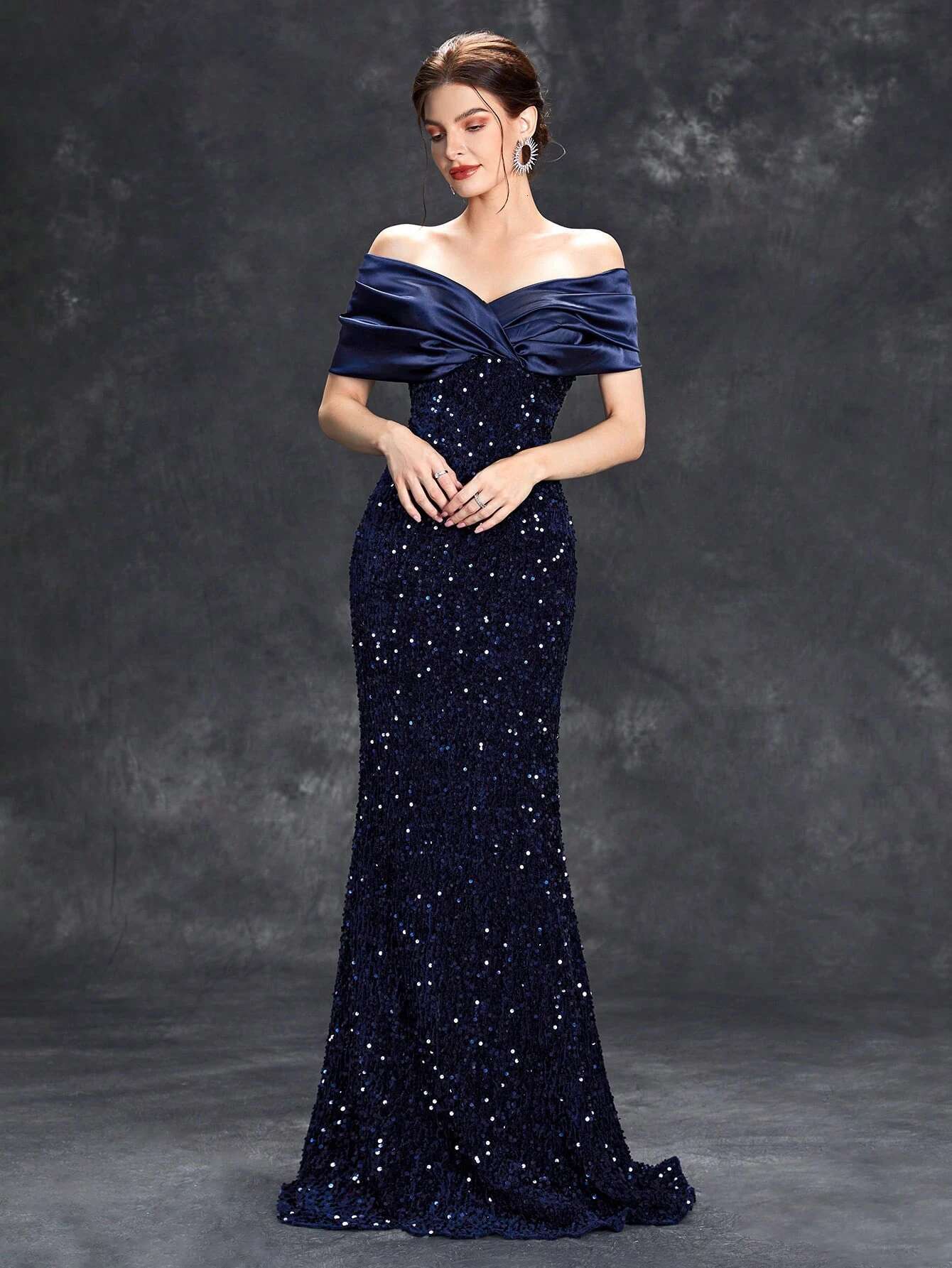 Mgiacy E Neck Pleated Tint Sequin Veet Fishtail Dress Evening Gown Ball Party Bridesmaid Dress