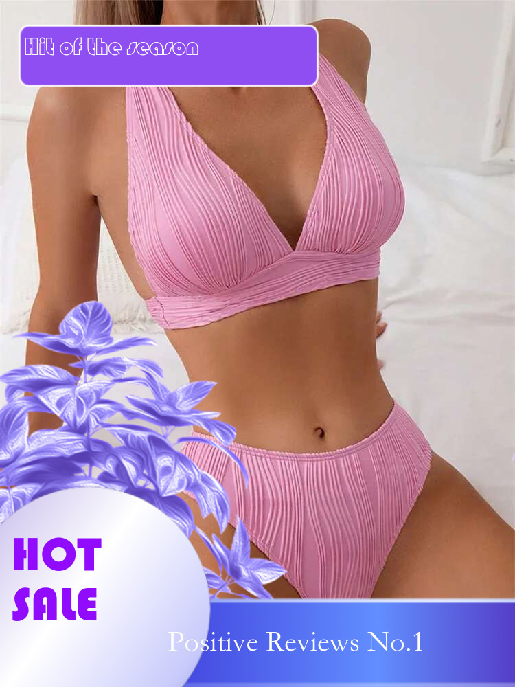 Dongdumaoyi Sexy Push Up Bikini Set Swimsuit Women S Pink Ribbed Pieces Swimwear V Neck Lace Beach Bathing Suit High Waist Bikinis