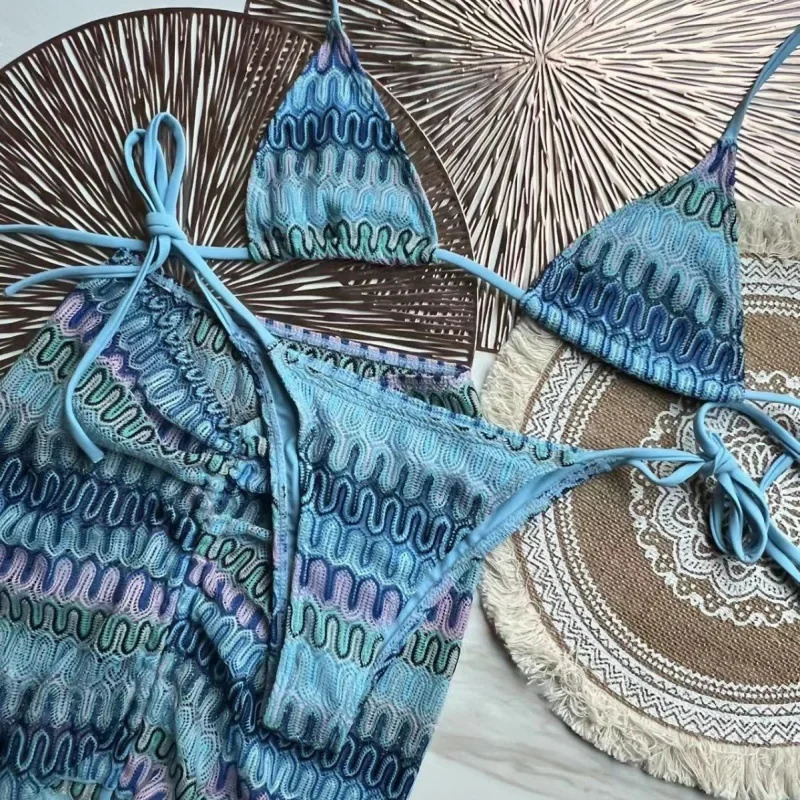 Knitted bikini set with three sexy striped swimsuits medieval polyester fiber beach style printed knitted 250313