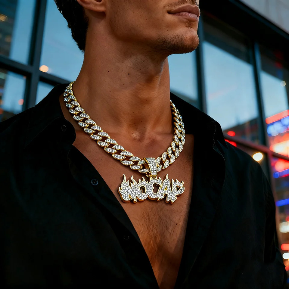 NL2119 Purple NOCAP Cuban Chain Jewelry Alloy and Rhinestone Hip Hop Flame Letter Pendant Necklace Rock Jewelry 251105