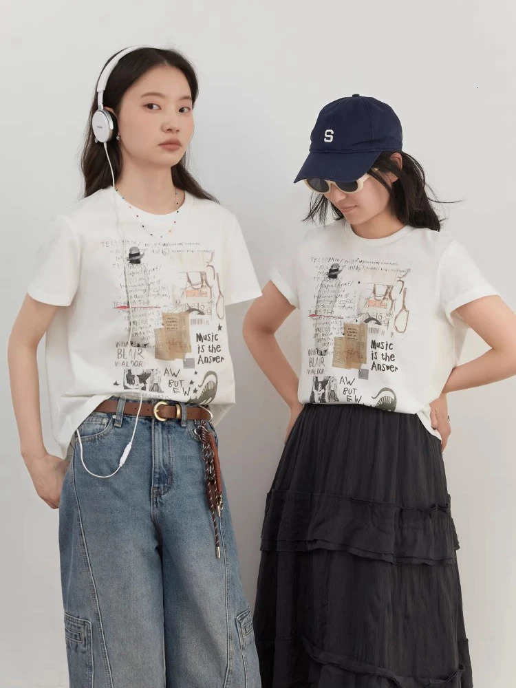 CHIC VEN Womens Tshirt Loose Casual Round Neck Short Sleeve Retro Poster Printing Cotton Girls Top SpringSummer 250407