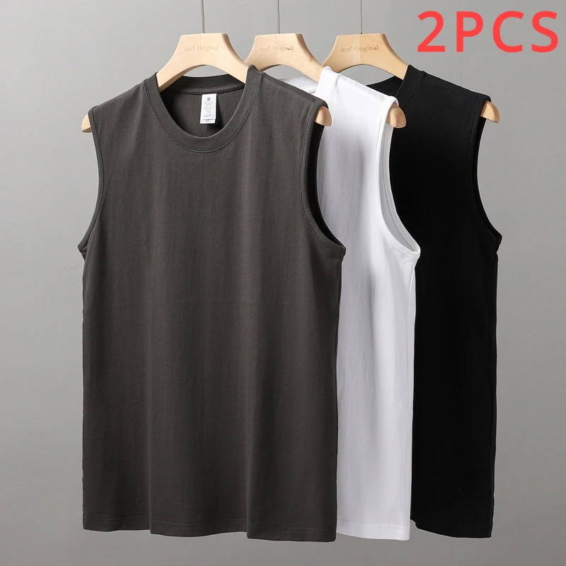 2 pieces of solid color cotton vest mens white O-neck loose sleeveless T-shirt basic style full set sports running vest 250403
