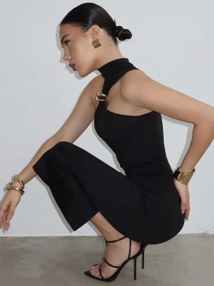 Mozision Turtleneck Shoulder Sexy Maxi Dress Womens Summer Dress Ring Metal Backless Strapless Knitted Long Dress 250402