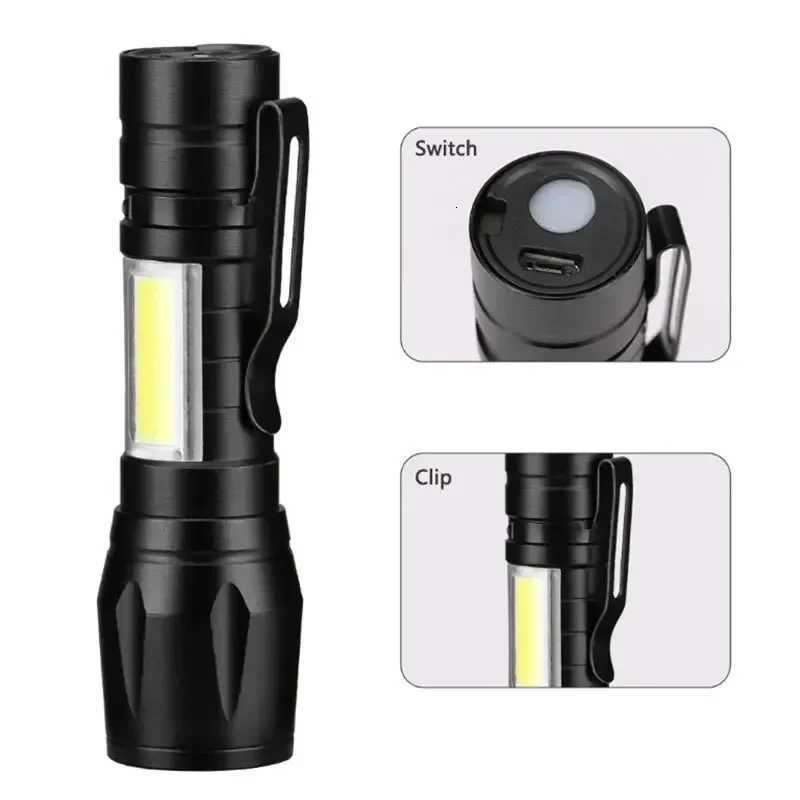 Portable LEDCOB Rechargeable Compact Telescopic Zoom Tactical Flashlight With Clip Outdoor Emergency ABS Torch WaterprootW251106