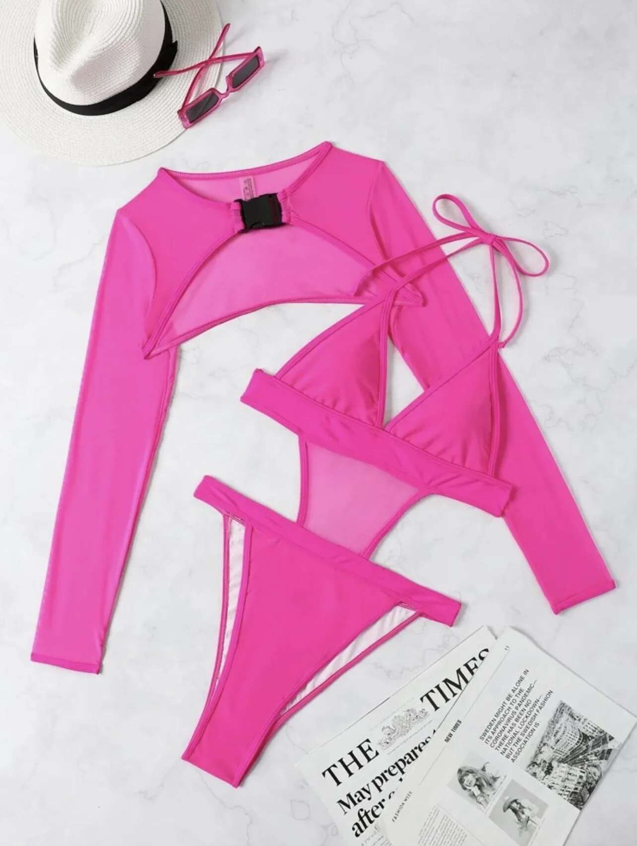 Dongdumaoyi Sexy Neon Hot Pink Swimwear Women Solid Mesh Long Sleeve Cover Up Two Piece Swimsuit Hollow Out Beach Backless Biquini