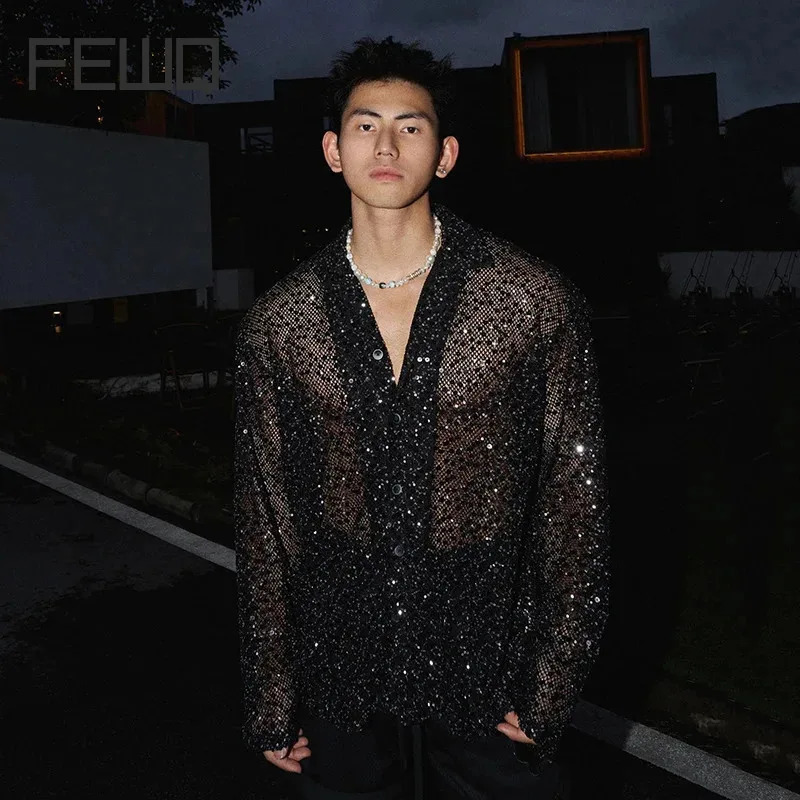 FEWQ American Niche Shiny Silver Sequins Hollowed Out Long Sleeved Shirt Solid Color Male Tops Fashion 24E1715 250407