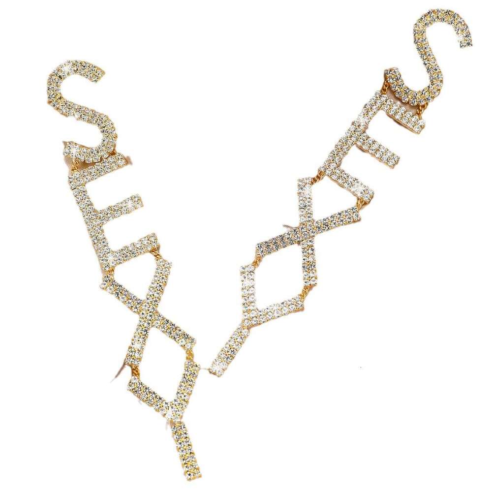 Earrings, fashionable geometric letter earrings, shiny long chain, high-end rhie earrings