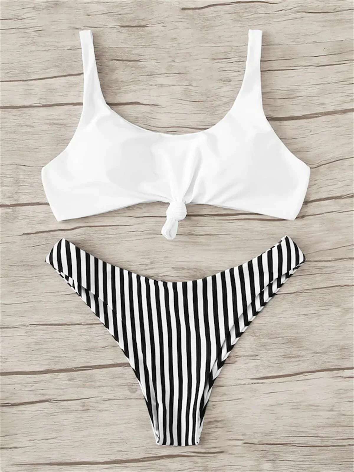 Dongdumaoyi Sexy Micro Bikini Women Swimsuit Scoop Neck Striped Swimwear Knot Bow Fringe Summer Beachwear Bathing Suit Push Up Biquini
