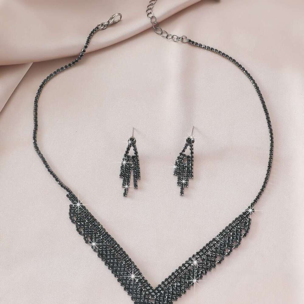 Bestselg black rhie V-shaped wave earrings+necklace two-piece set premium version
