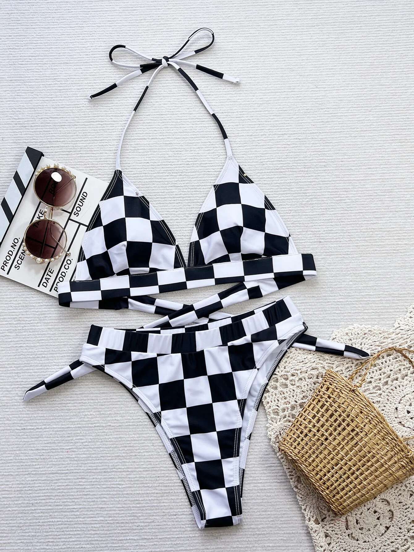 Dongdumaoyi Black White Plaid Bikini Set Women Sexy Halter Push Up High Waist Swimsuit Beach Bathing Suit Two Piece Swimwear Biquini