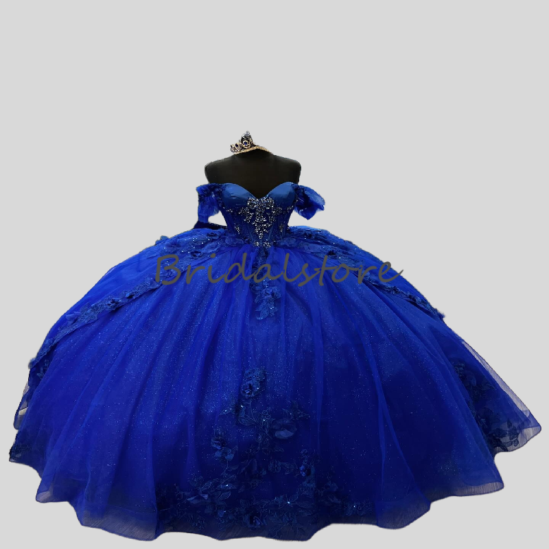 Gorgeous Royal Blue Quinceanera Dress 2025 Puffy Tulle Lace Flower Fifteen Formal Birthday Party Vestido De 15 Anos Xv Beaded Ball Gown Prom Dress