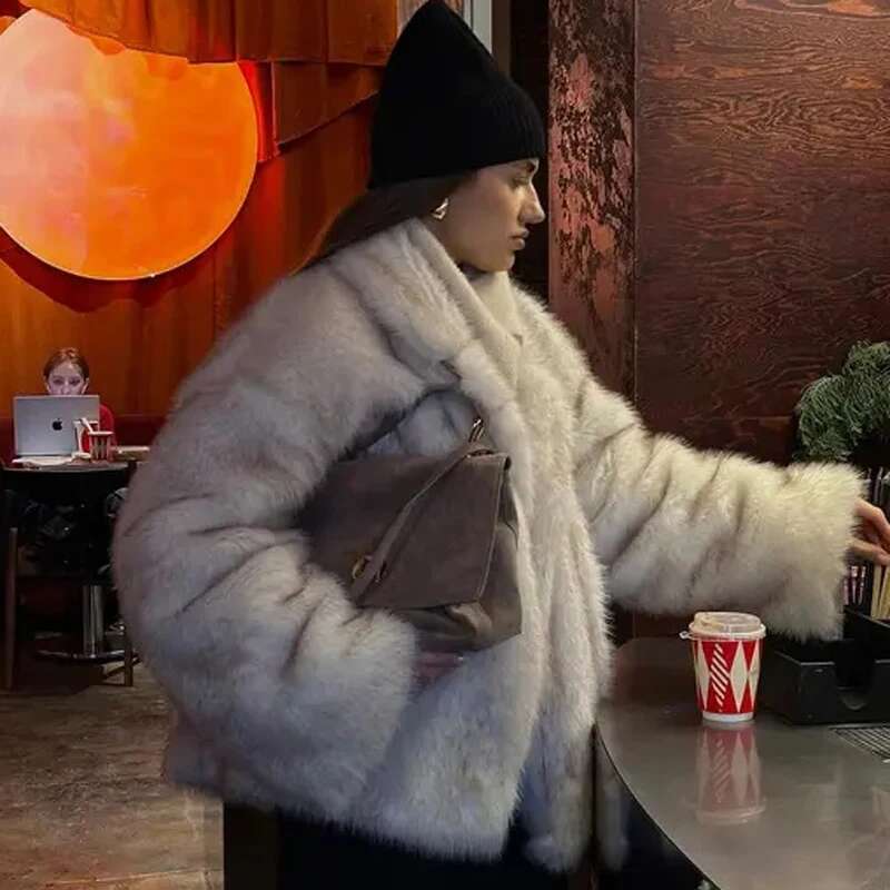 New Street Style Long Plush Women With Thick Warm Cold Autumn Winter Faux Coat High-Quality Fluffy Dyed Fox Fur Jacket
