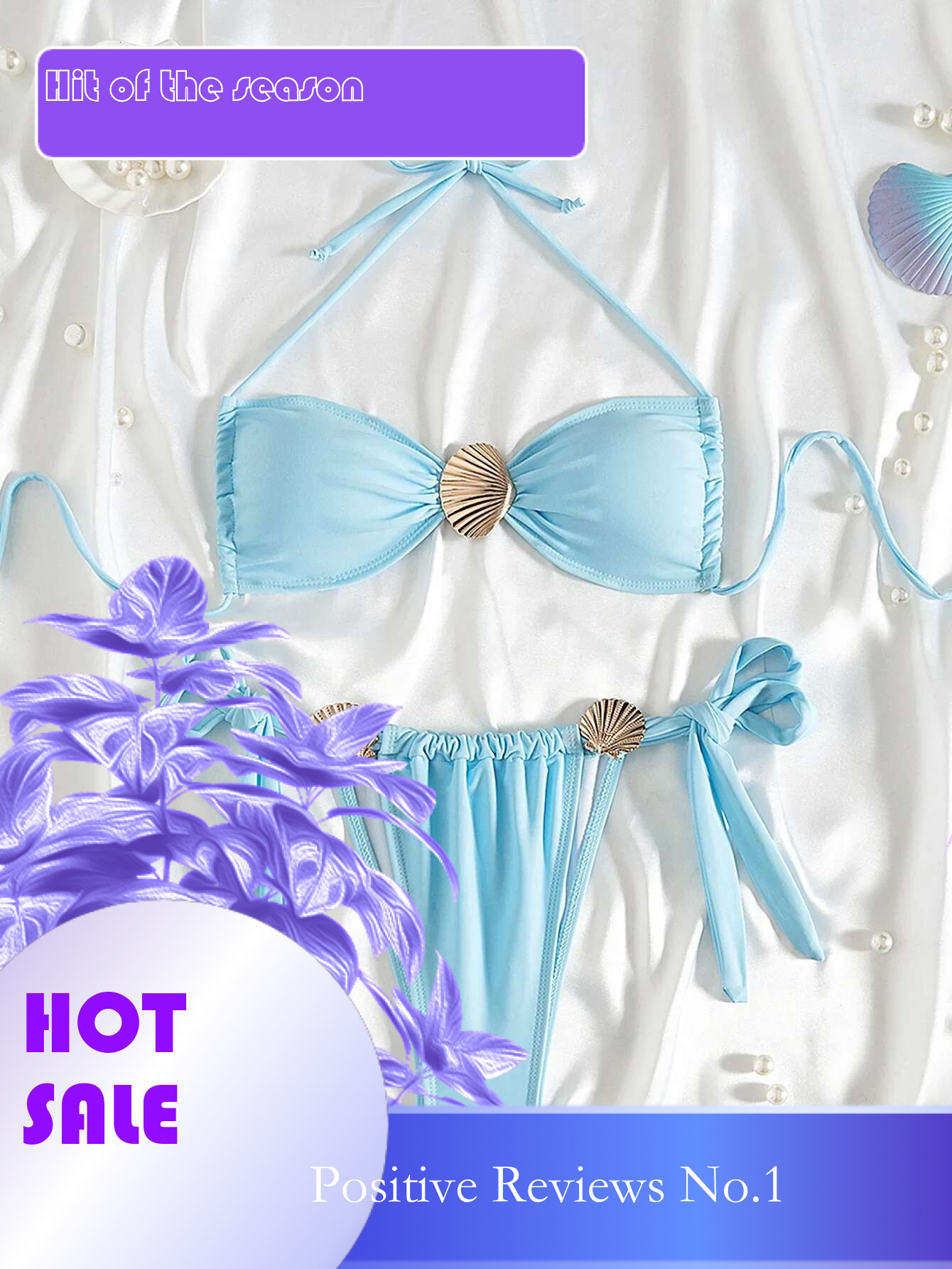 Dongdumaoyi Sexy Metal Shell Bikini Set Women Solid Sky Blue Pleate Push Up Tie Side Tanga Swimsuit Beach Bathing Suit Micro Swimwear