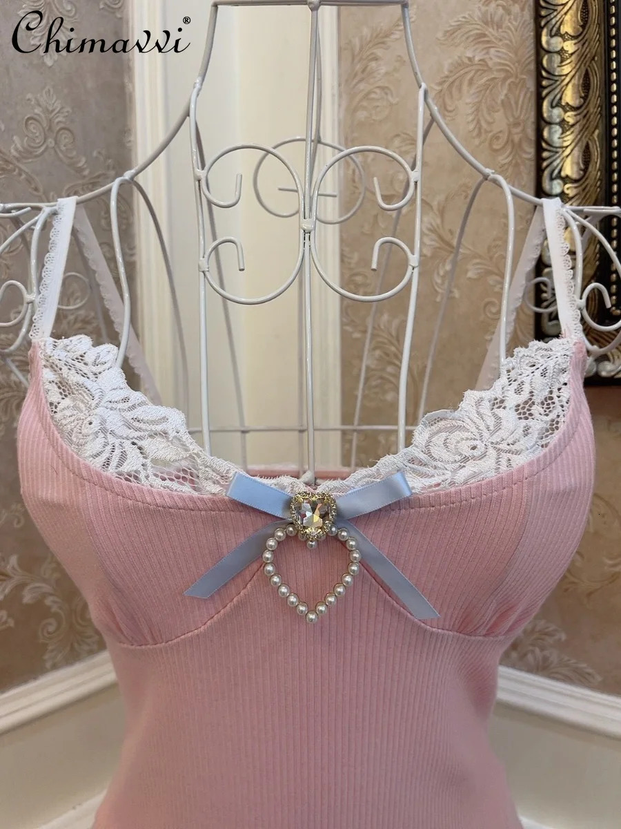 Cute retro bow heartshaped lace slim fit vest top summer dress womens girl Lolita pink sexy suspender 250407