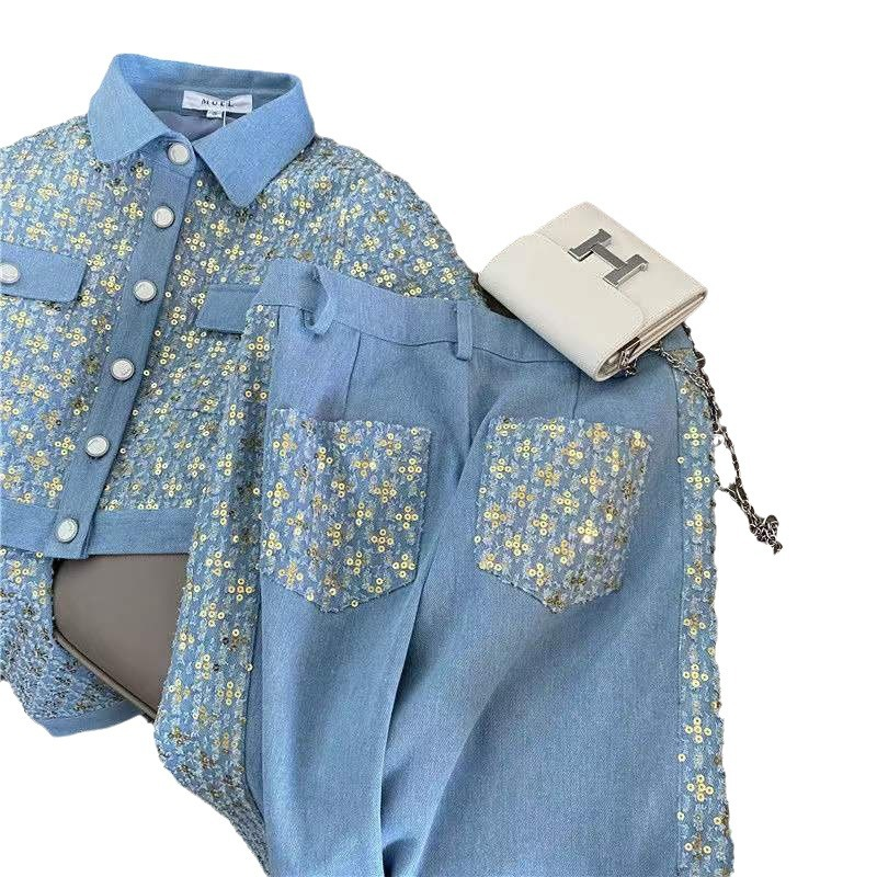 Designer Women's Tracksuits Neploe Autumn Casual All-match Suit Wid Leg Pants Western Small Fragrance Exquisite comfortable Coat Sequin Turn-down