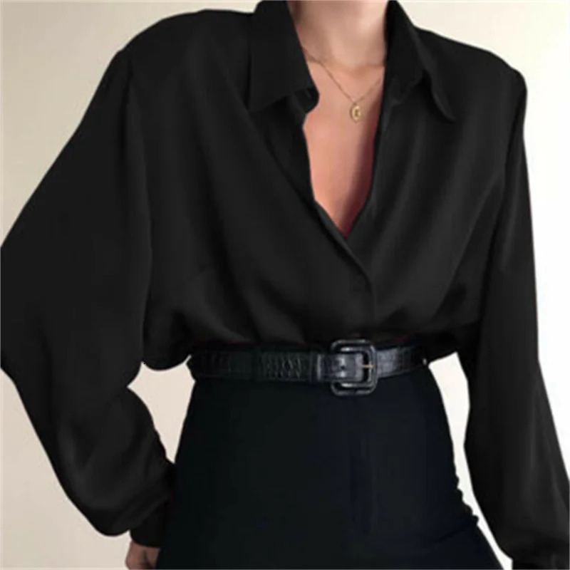 Womens comfortable satin button up shirt lapel shirt office womens long sleeved casual autumn shirt loose OL shirt pocket top 250402