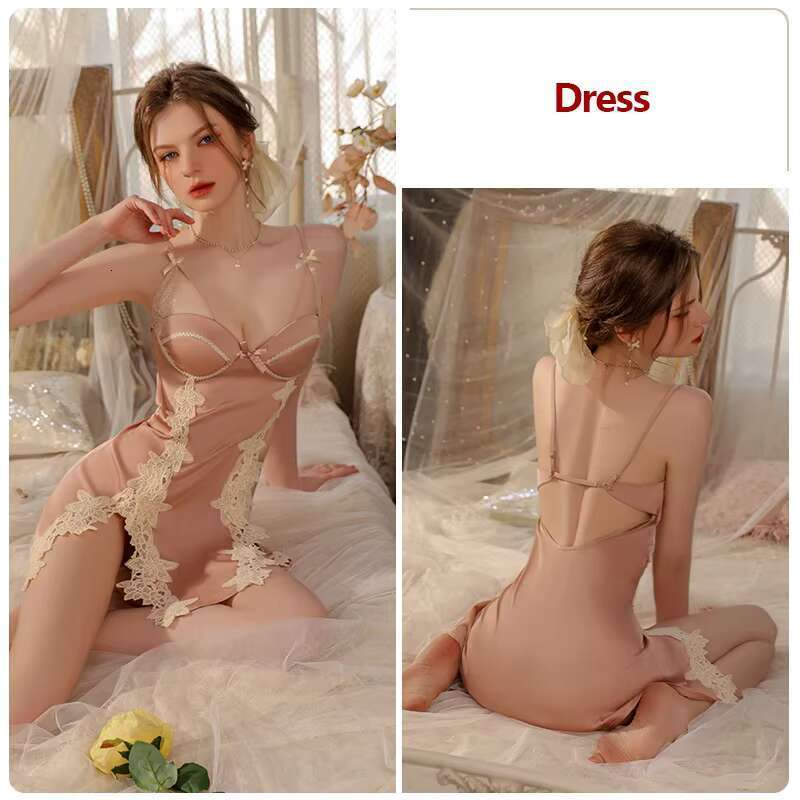 High Quality Lace Embroidery Dress Robe Night Wear Solid Color Sexy Backless Pamas Women's Sleepwear