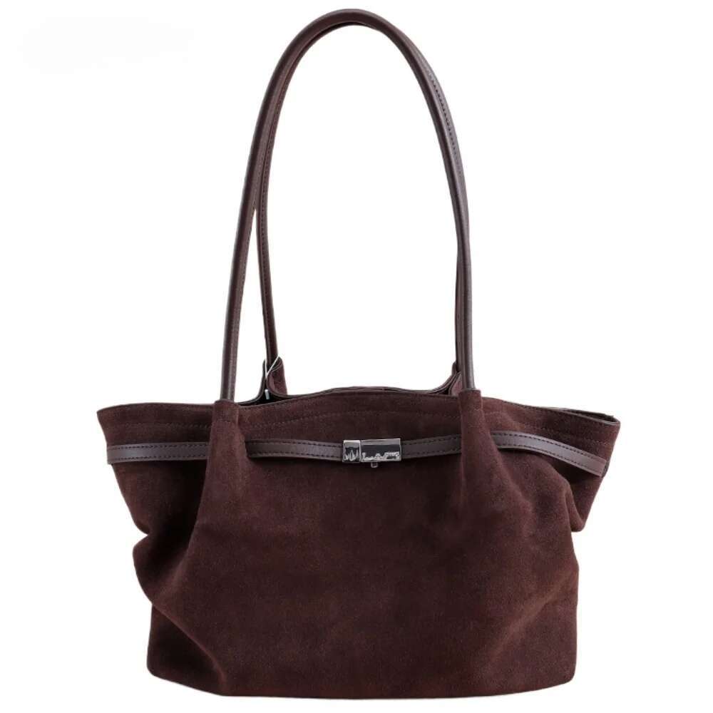 Slouchy Style Coffee Color Large Trapeze Tote Frosted Cow Skin Women Commuter Shoulder Bag Suede Retro Leisure Ladies Handbag