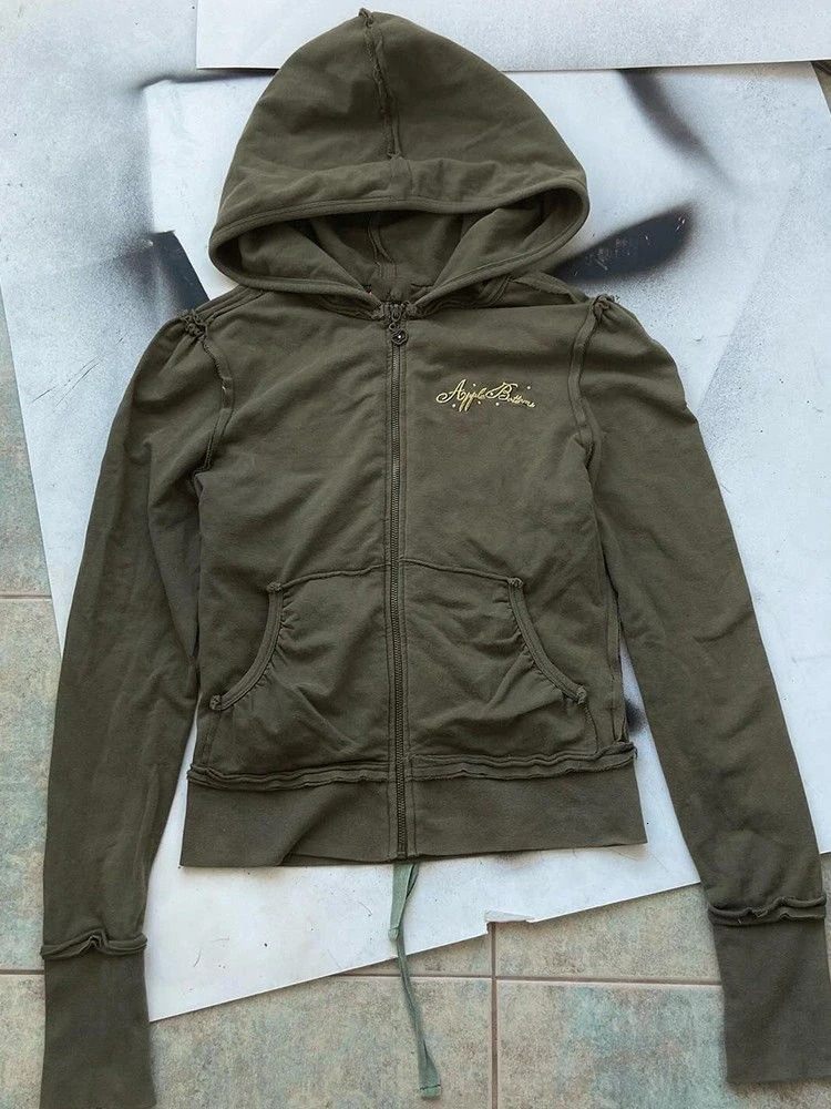 Spring Retro Letter Print Zip Up Hoodies Sweatshirt Temperature Slim Olive Green Open Fleece Sweater Street Clothing Hip Hop Y2K Top Harajuku 250403