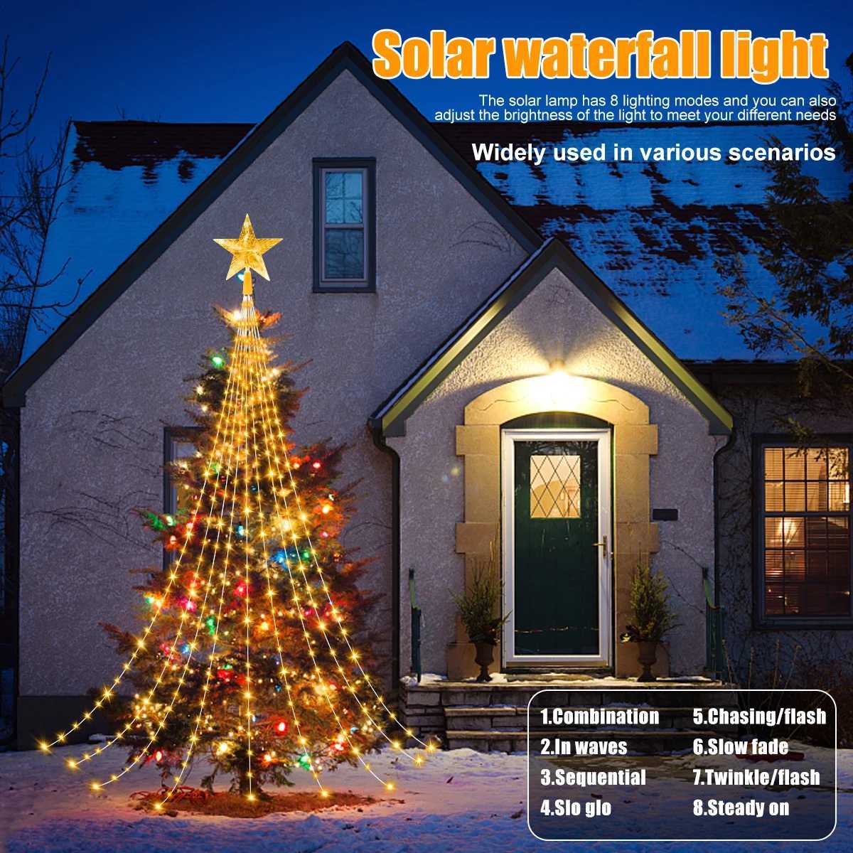 Solar Christmas Decoration Star String Lights 2/3M 8 Modes Waterfall Christmas Tree Fairy Lights for Outdoor Wedding Holiday W251107