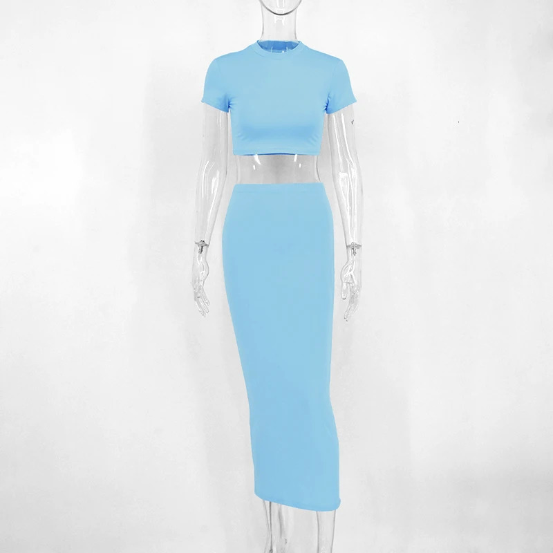 Sexy Tshirt Skirt Two Piece Set Womens Short Sleeve ONeck Crop Top High Waist Solid Fashion Street Clothing Partywear 250313